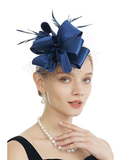 Myjoyday Women's Fascinators Hat for Tea Party Church Cocktail, Feathers Veil Headband with Hair Clip