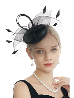 Myjoyday Women's Fascinators Hat for Tea Party Church Cocktail, Feathers Veil Headband with Hair Clip