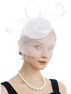 Myjoyday Women's Fascinators Hat for Tea Party Church Cocktail, Feathers Veil Headband with Hair Clip