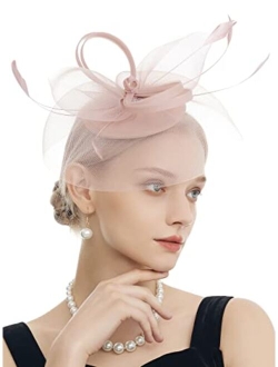 Myjoyday Women's Fascinators Hat for Tea Party Church Cocktail, Feathers Veil Headband with Hair Clip