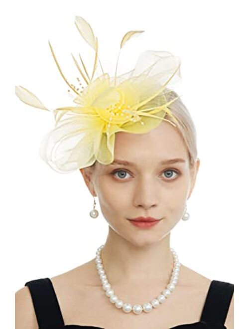 Myjoyday Women's Fascinators Hat for Tea Party Church Cocktail, Feathers Veil Headband with Hair Clip