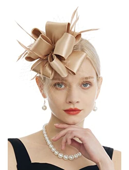 Myjoyday Women's Fascinators Hat for Tea Party Church Cocktail, Feathers Veil Headband with Hair Clip