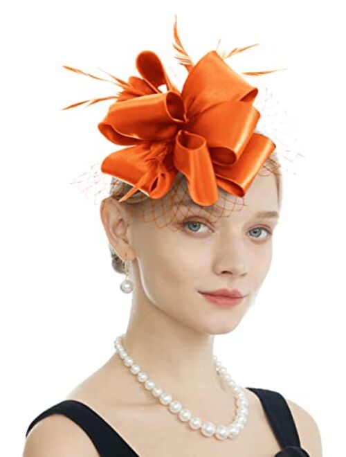 Myjoyday Women's Fascinators Hat for Tea Party Church Cocktail, Feathers Veil Headband with Hair Clip