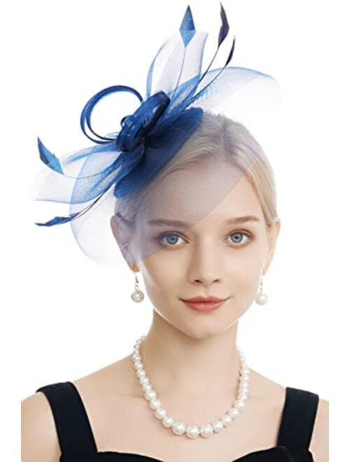 Myjoyday Women's Fascinators Hat for Tea Party Church Cocktail, Feathers Veil Headband with Hair Clip