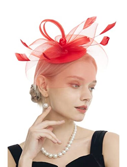 Myjoyday Women's Fascinators Hat for Tea Party Church Cocktail, Feathers Veil Headband with Hair Clip