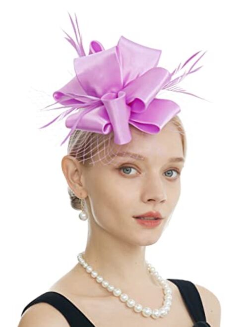 Myjoyday Women's Fascinators Hat for Tea Party Church Cocktail, Feathers Veil Headband with Hair Clip