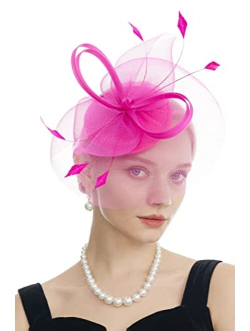 Myjoyday Women's Fascinators Hat for Tea Party Church Cocktail, Feathers Veil Headband with Hair Clip