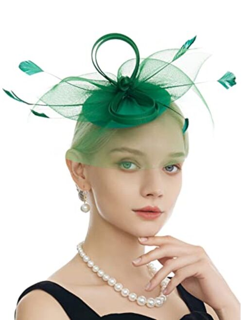 Myjoyday Women's Fascinators Hat for Tea Party Church Cocktail, Feathers Veil Headband with Hair Clip