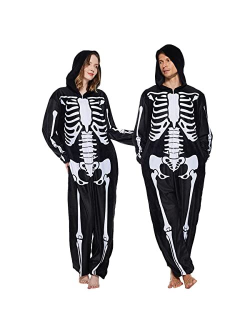 ReneeCho Skeleton Pajamas Hoodie Halloween One Piece Jumpsuits Black