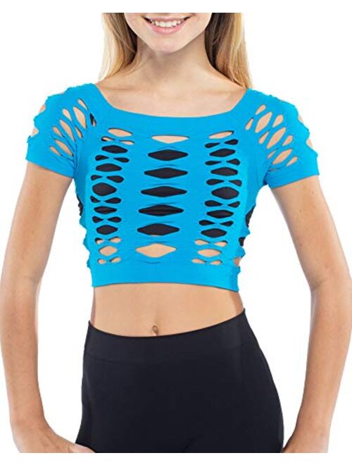 Malibu Sugar Girls (7-14) Short Sleeve Neon Mesh Crop Top Fishnet Shirt