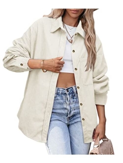 Beaully Women's Corduroy Button Down Pocket Shirts Casual Long Sleeve Oversized Blouses Tops