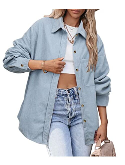 Beaully Women's Corduroy Button Down Pocket Shirts Casual Long Sleeve Oversized Blouses Tops