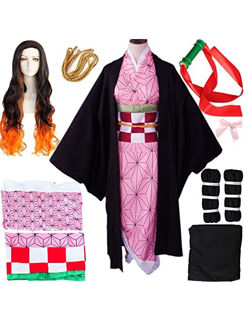 Kamspom Anime Women's Kamado Cosplay Costume Suit Full Set Kimono