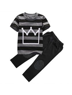 Magical Baby Little Boys Short Sleeve Striped Crown Print T-Shirt and Pants Outfit