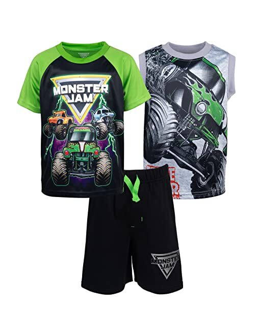 Monster Jam Trucks 3 Piece Outfit Set: T-Shirt Tank Top French Terry Shorts