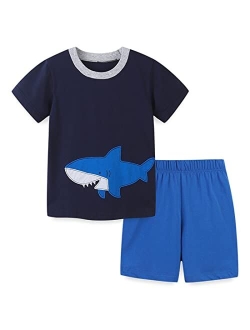 REWANGOING Little Boys Kids Summer Cotton Dinosaur Aircraft Truck Print Tee and Shorts Set Outfits Clothing Sets 2-7T