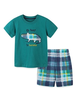 REWANGOING Little Boys Kids Summer Cotton Dinosaur Aircraft Truck Print Tee and Shorts Set Outfits Clothing Sets 2-7T