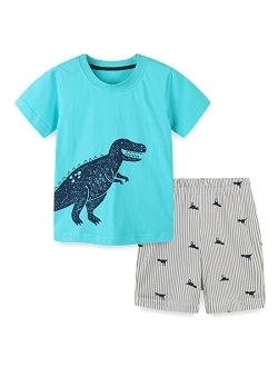 REWANGOING Little Boys Kids Summer Cotton Dinosaur Aircraft Truck Print Tee and Shorts Set Outfits Clothing Sets 2-7T