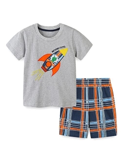 REWANGOING Little Boys Kids Summer Cotton Dinosaur Aircraft Truck Print Tee and Shorts Set Outfits Clothing Sets 2-7T