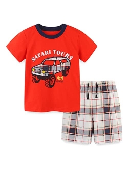 REWANGOING Little Boys Kids Summer Cotton Dinosaur Aircraft Truck Print Tee and Shorts Set Outfits Clothing Sets 2-7T