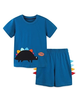 REWANGOING Little Boys Kids Summer Cotton Dinosaur Aircraft Truck Print Tee and Shorts Set Outfits Clothing Sets 2-7T