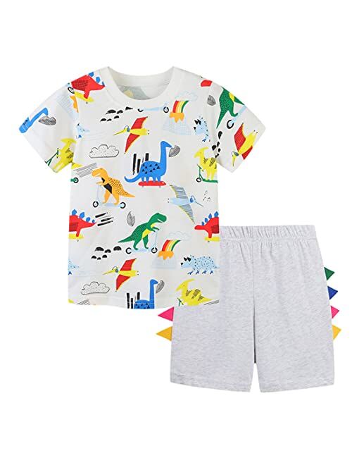 REWANGOING Little Boys Kids Summer Cotton Dinosaur Aircraft Truck Print Tee and Shorts Set Outfits Clothing Sets 2-7T