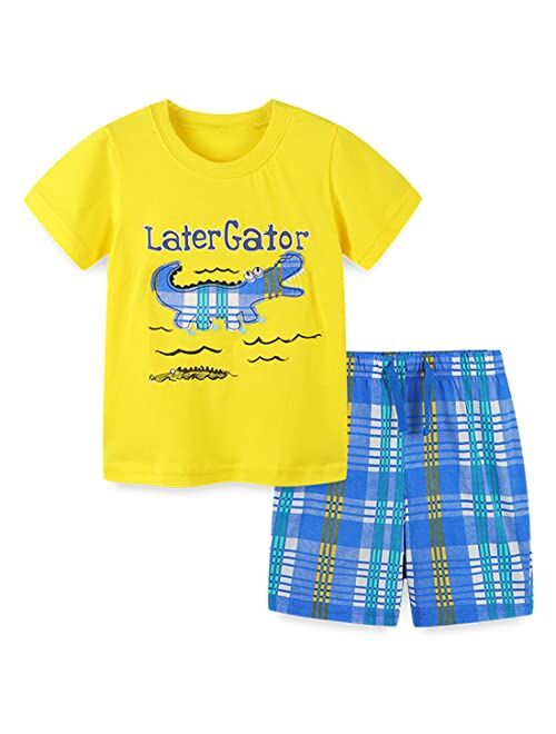 REWANGOING Little Boys Kids Summer Cotton Dinosaur Aircraft Truck Print Tee and Shorts Set Outfits Clothing Sets 2-7T