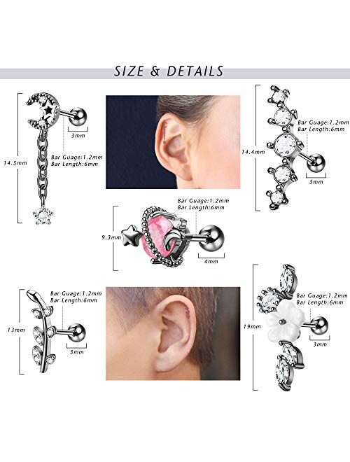 Drperfect Cartilage Earrings for Women 16G 316L Stainless Steel CZ Dangle Helix Tragus Cartilage Stud Ear Piercing Jewelry