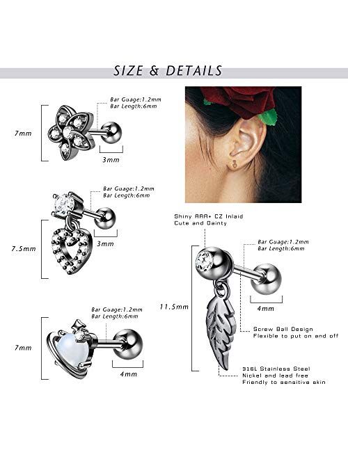 Drperfect Cartilage Earrings for Women 16G 316L Stainless Steel CZ Dangle Helix Tragus Cartilage Stud Ear Piercing Jewelry