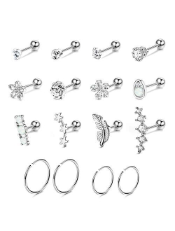 SAILIMUE 16Pcs 16G Cartilage Earrings Studs for Women Surgical Stainless Steel Helix Tragus Couch Hoop Piercing Earrings Set Opal Shiny CZ Cartilage Earrings Silver/Gold/