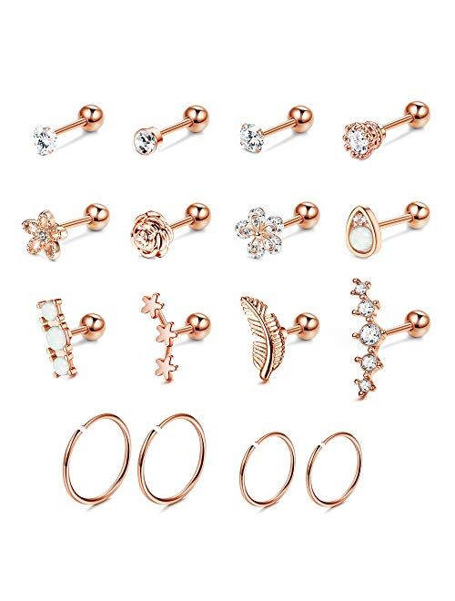 SAILIMUE 16Pcs 16G Cartilage Earrings Studs for Women Surgical Stainless Steel Helix Tragus Couch Hoop Piercing Earrings Set Opal Shiny CZ Cartilage Earrings Silver/Gold/