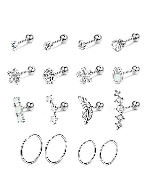 SAILIMUE 16Pcs 16G Cartilage Earrings Studs for Women Surgical Stainless Steel Helix Tragus Couch Hoop Piercing Earrings Set Opal Shiny CZ Cartilage Earrings Silver/Gold/