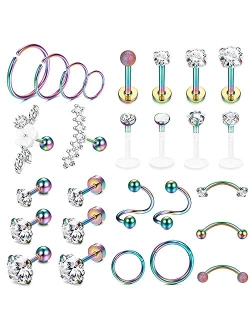 Ubjuliwa 27Pcs 16G Cartilage Earrings Stud Hoop for Women Stainless Steel Helix Piercing Tragus Earrings Forward Conch Piercing Jewelry