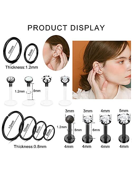 Ubjuliwa 27Pcs 16G Cartilage Earrings Stud Hoop for Women Stainless Steel Helix Piercing Tragus Earrings Forward Conch Piercing Jewelry