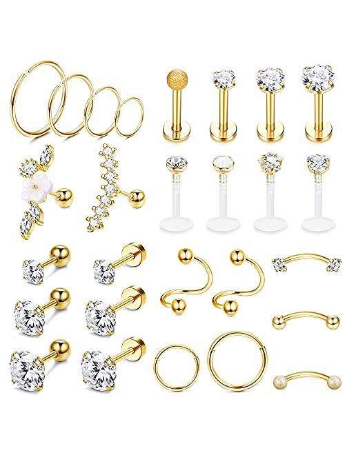 Ubjuliwa 27Pcs 16G Cartilage Earrings Stud Hoop for Women Stainless Steel Helix Piercing Tragus Earrings Forward Conch Piercing Jewelry