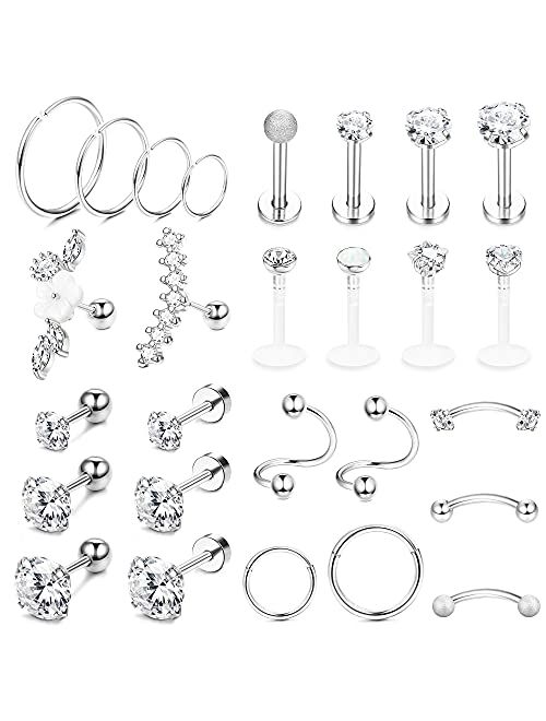 Ubjuliwa 27Pcs 16G Cartilage Earrings Stud Hoop for Women Stainless Steel Helix Piercing Tragus Earrings Forward Conch Piercing Jewelry