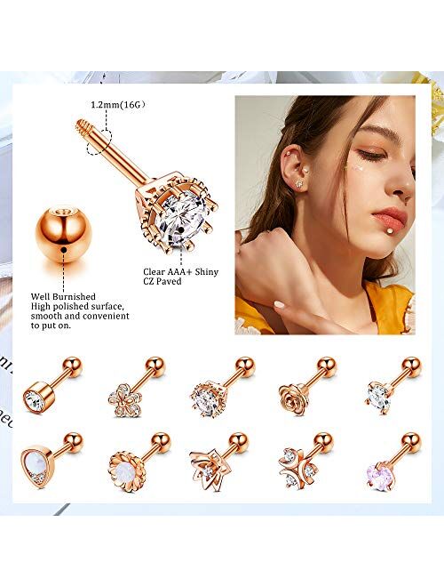 LOYALLOOK 14PCS 16G Stainless Steel Barbell Helix Cartilage Stud Earrings for Women Men CZ Leaf Flower Teardrop Opal Forward Helix Tragus Daith Conch Piercing Jewelry