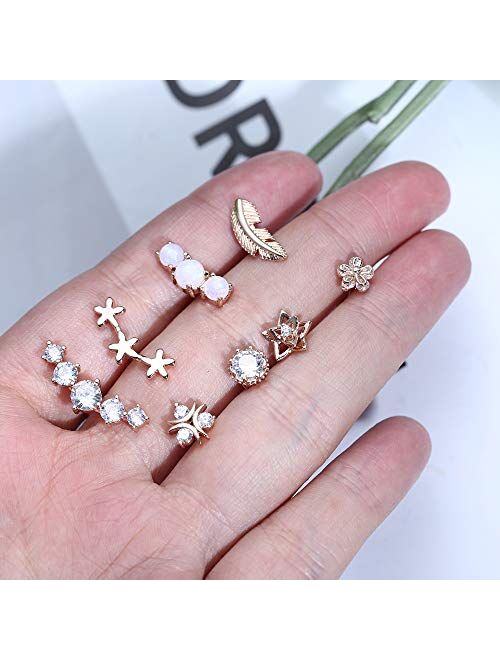 LOYALLOOK 14PCS 16G Stainless Steel Barbell Helix Cartilage Stud Earrings for Women Men CZ Leaf Flower Teardrop Opal Forward Helix Tragus Daith Conch Piercing Jewelry