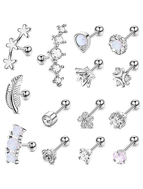 LOYALLOOK 14PCS 16G Stainless Steel Barbell Helix Cartilage Stud Earrings for Women Men CZ Leaf Flower Teardrop Opal Forward Helix Tragus Daith Conch Piercing Jewelry