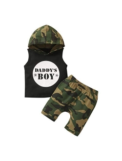 KnniMorning TEES Boy's 2Pcs Sleeveless Clothes Set Letter Printing Hooded Top Camouflage Shorts Toddler Boy Summer Suit