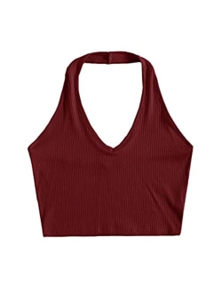 Women's Basic Sleeveless Open Back Slim Fitted Ribbed Crop Halter Top