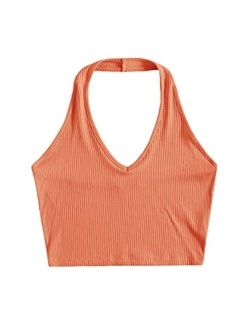 Women's Basic Sleeveless Open Back Slim Fitted Ribbed Crop Halter Top