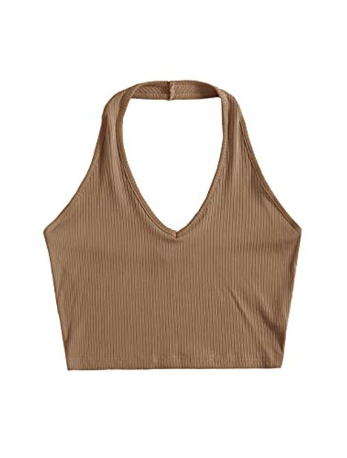 Verdusa Women's Basic Sleeveless Open Back Slim Fitted Ribbed Crop Halter Top