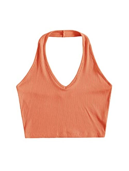 Verdusa Women's Basic Sleeveless Open Back Slim Fitted Ribbed Crop Halter Top