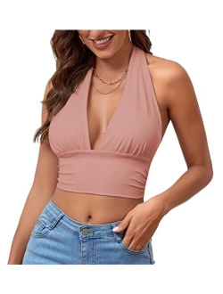 Rooscier Women's Deep V Neck Halter Tie Back Sleeveless Backless Cami Crop Top