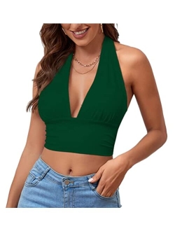 Rooscier Women's Deep V Neck Halter Tie Back Sleeveless Backless Cami Crop Top