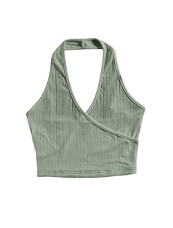 Women's Casual Sleeveless Halter Top Rib Knit Solid Tanks Shirt