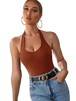 Women's Casual Sleeveless Halter Top Rib Knit Solid Tanks Shirt