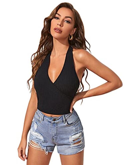 SheIn Women's Casual Sleeveless Halter Top Rib Knit Solid Tanks Shirt