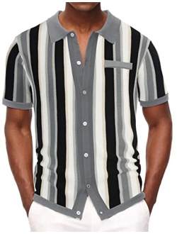 Mens Short Sleeve Knit Shirt Vintage Stripe Lapel Collar Polo Shirt